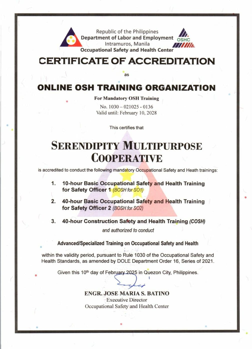 DOLE-OSHC Certificate of Accreditation No. 1030-021025-0136