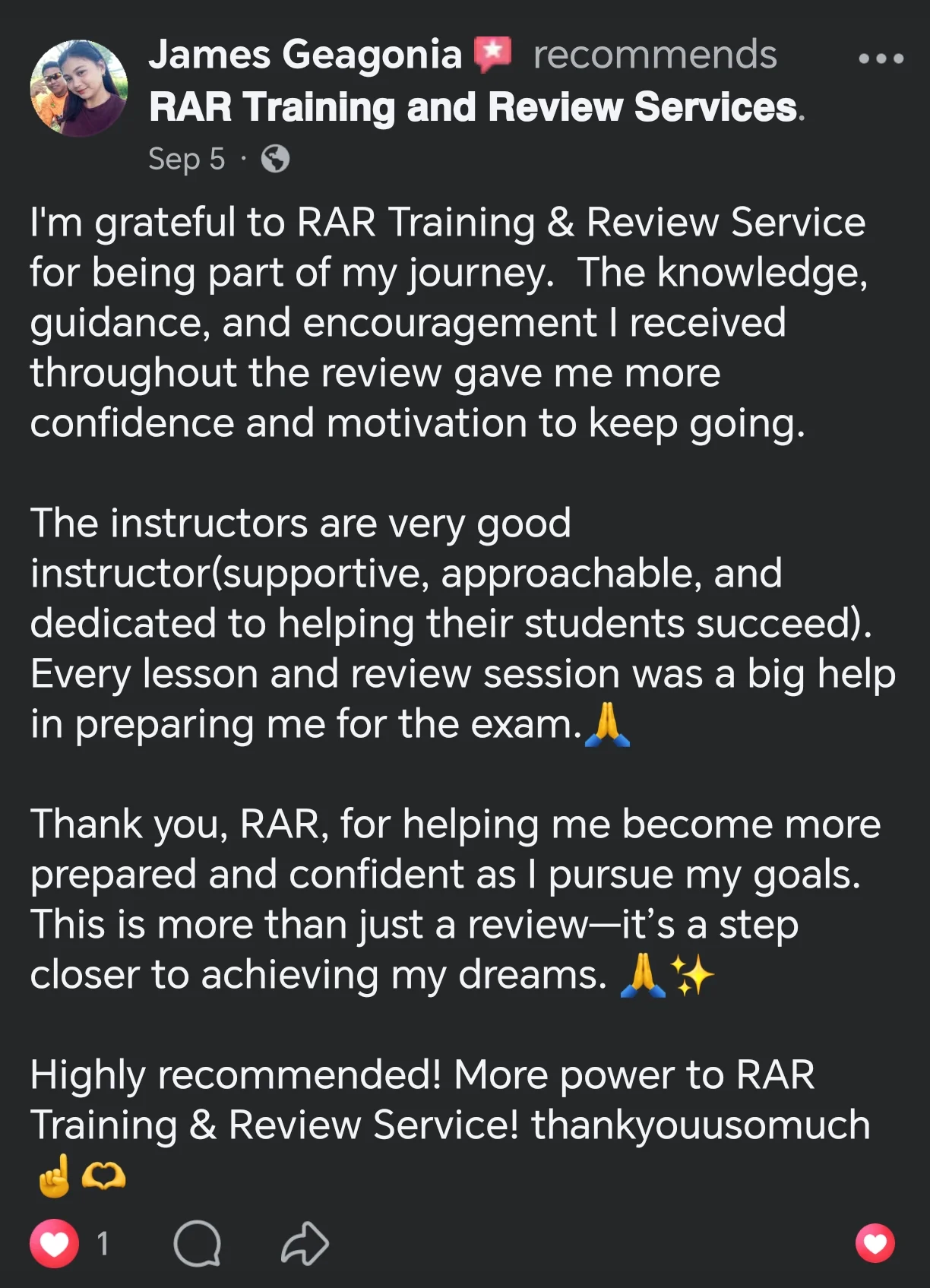 Review from James Geagonia